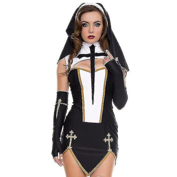 Mike Mike Naisten Seksi Nunna Cosplay-asu Karnevaali Halloween Fantasia Puku - WELLNGS Black-3pcs S