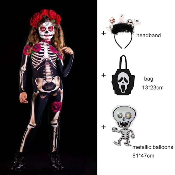 Halloween Horror Skjelett Rollespill Rose Sexy Djevel Vampyr Jumpsuit Party Karneval Horror Kostyme Jenter Dødens Dag Klær 4-delt Sett-WELLNGS 4 pcs Set D 130(5-6T)