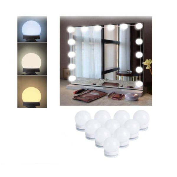 Led spegel USB sminkspegel med lampor på 10 glödlampor 3 ljuslägen Bordsskiva väggmonterad sminkspegel (endast lampor)-WELLNGS