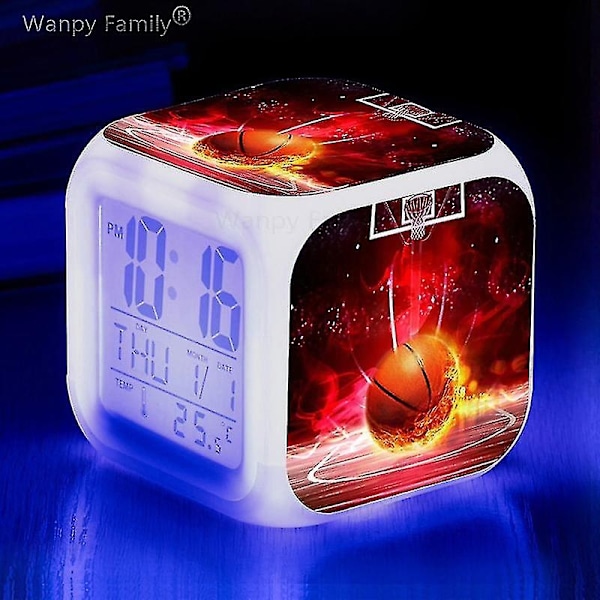 Basketball Vækkeur 7 Farver Skift Multifunktion Noctilucence Elektronisk Ur Børneværelse Vågne Timer Fødselsdagsgave til Barn Tw-WELLNGS Yellow