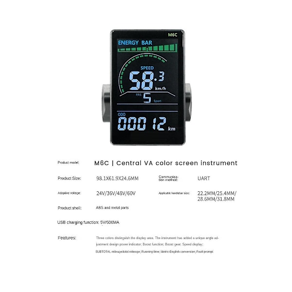 M6C Elektrisk cykel LCD-displaymätare 24V-60V E Scooter LCD-panel Färgskärm med USB för Mountain-WELLNGS