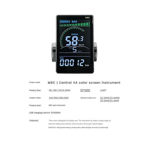 M6C sähköpyörän LCD-näyttömittari 24V-60V E-skootterin LCD-paneeli värillinen näyttö USB:llä Mountain-WELLNGS:lle
