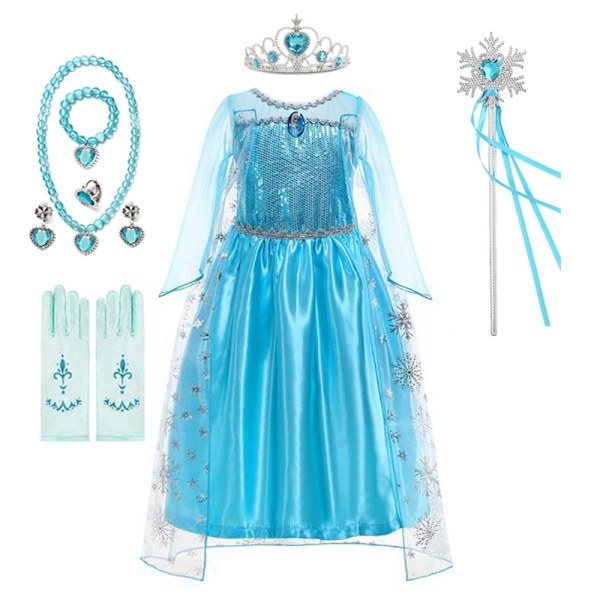 Disney Flickor Elsa Prinsessklänning Långärmad Födelsedag Rollspel Frozen Kostym Fancy Carnival Klä Ut Festklänning Elsa Klänning Outfit-WELLNGS Elsa Dress Suit5 9-10Y (Size 150)