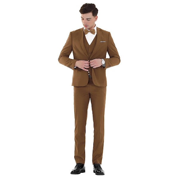 Allthemen Miesten Puku 3-Osainen Liiketoiminta Yksivärinen Slim Fit Puku Takki&amp;Housut&amp;Liivit-WELLNGS Light Brown 2XL