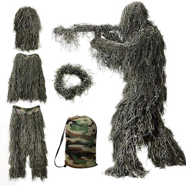 5 i 1 Ghillie-dragt, 3D Camouflage Jagttøj Inklusive Jakke, Bukser, Hætte, Bærepose-WELLNGS GNL