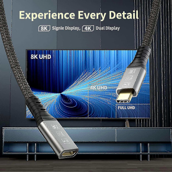 Thunderbolt 4 -jatkokaapeli, USB-C-kaapeli USB C uros - naaras, tukee 8k/5k@60hz videota/40gbps tiedonsiirtoa/100w latausta (0,8m)-WELLNGS