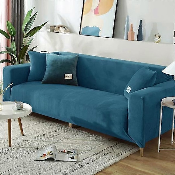 Vinter Sammetssofföverdrag Kompatibla med Vardagsrum Elastiska Möbelsofföverdrag Schäslong Hörna L-formad Sofföverdrag 1 /2 /3 /4-WELLNGS lake blue 1seater 90-140cm
