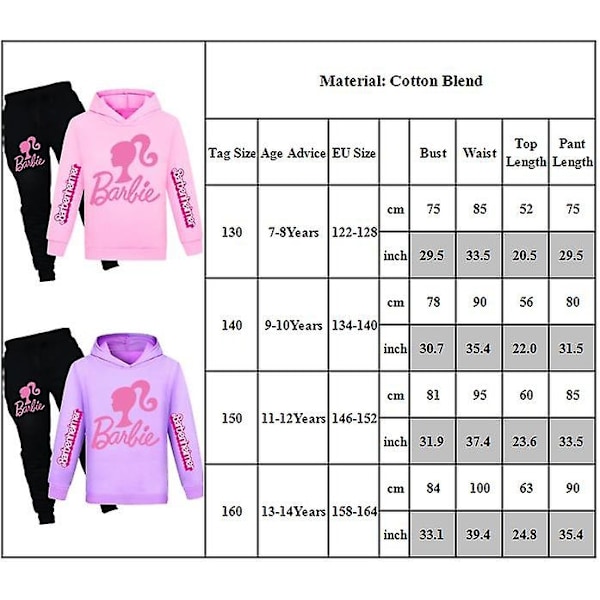 Barn Gutter og Jenter Barbie Filmen Hoodies Treningsdress Sett Hettegenser Topper Bukser Antrekk Sett-WELLNGS Purple 7-8Years