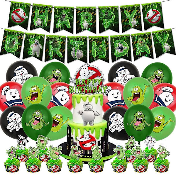 Ghostbusters-teema syntymäpäiväjuhlatarvikkeet koristepaketit, mukaan lukien banneri, kakkukoriste, ilmapallot - WELLNGS