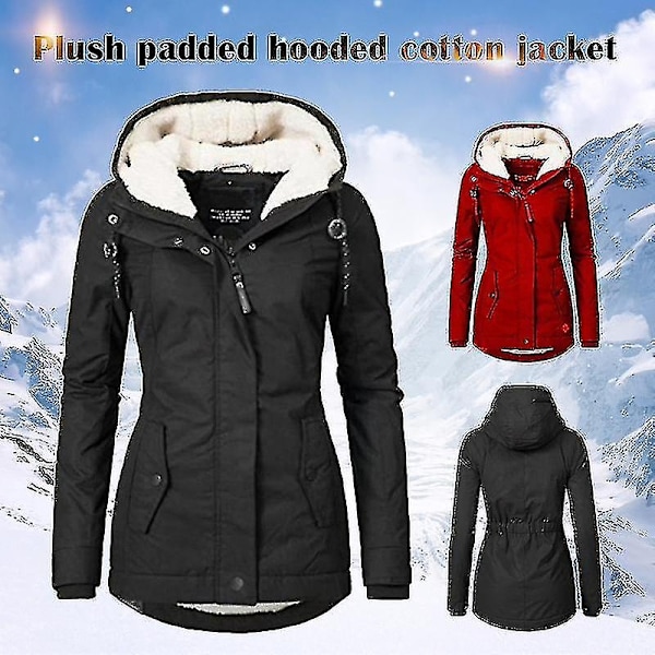 Vanntett varm hettefrakk tykk fleecefôret frakk for kvinner-yujia-WELLNGS Black 2XL
