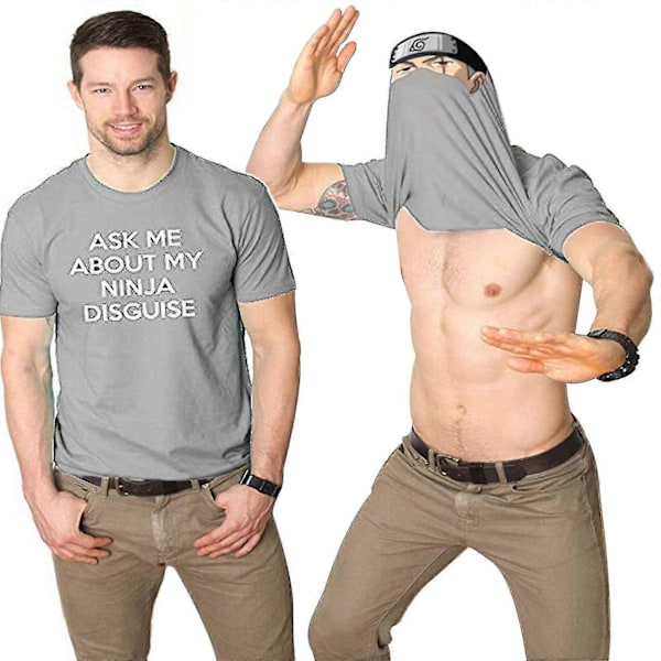 Mænd Spørg Mig Om Min Ninja Forklædning Flip T-Shirt Sjov Kostume Grafisk Humor Tee, 100% Ny - WELLNGS Light gray  Black XS