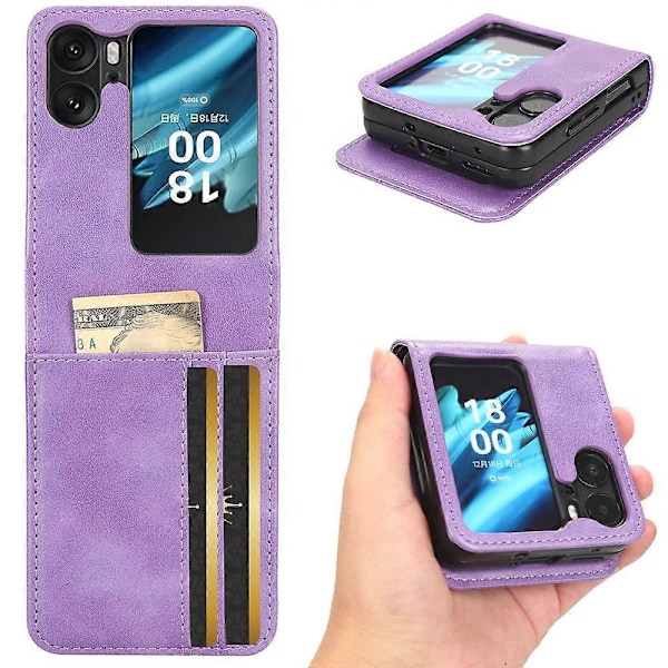 Yhteensopiva Oppo Find N2 Flip 5G PU-nahkaisen taitettavan puhelimen suojakuoren kanssa, jossa on painettu kolmiokuvio ja korttipaikat - WELLNGS Purple