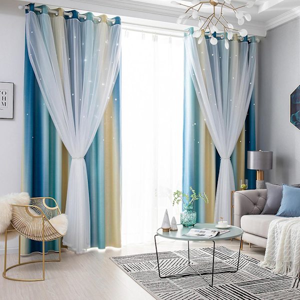 Stjärnformade gardiner, mörkläggningsgardiner för barn, flickors sovrum, vardagsrum, färgglada stjärnfönstergardiner med dubbla lager, 1 panel (53\"B x 85\"L, rosa) Blue 134 x 210