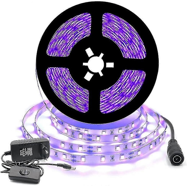 12v Sort UV Fleksibel LED Strip Sæt 5m 300leds Ip20 300leds Smd2835 Lilla Strip, transformer/strømforsyning-WELLNGS