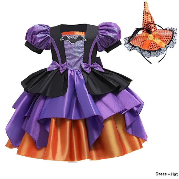 Flickor Fancy Pumpa Halloween Klänning Barn Cosplay Bat Print Häxkostym Semesterfest Klänning Barn Prinsessklänning 8-9 År Gammal (150)-WELLNGS 8-9Y(150) a-3