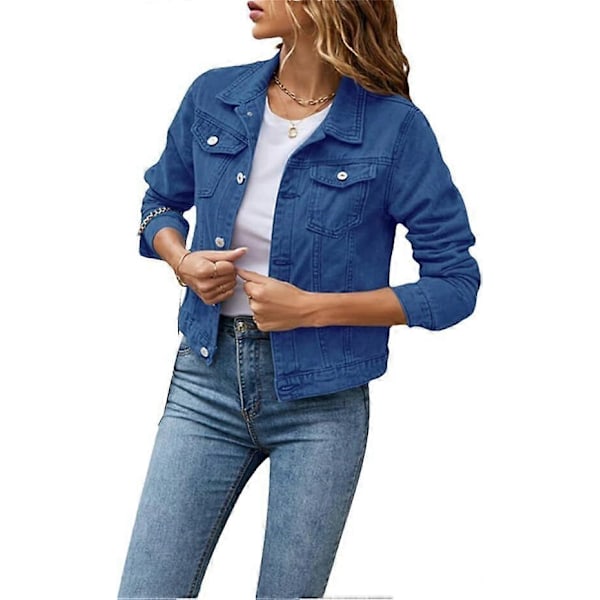 Dame Denimjakke Casual Lang Erme Krage Solid Farge Knapp Lomme Slank Passform Denimjakke Vår Høstjakke med Lommer - WELLNGS blue 2XL