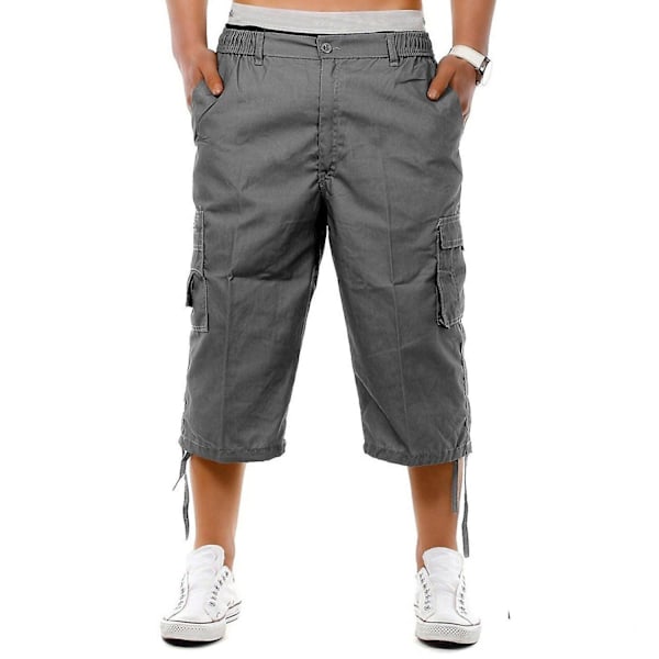 Herrar Innersöm Under Knälångd Cargo Långa Shorts Casual Twill Elastisk 3/4 Capri Byxa med Dragkedja Cotto-WELLNGS Light grey L