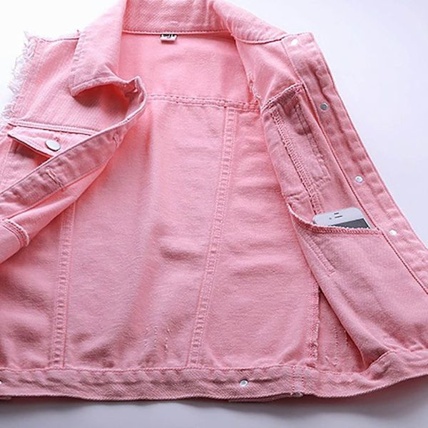 Dame Forår og Efterår Frakke Ensfarvet Ærmeløs Denim Jakke Jakke-WELLNGS Pink xl