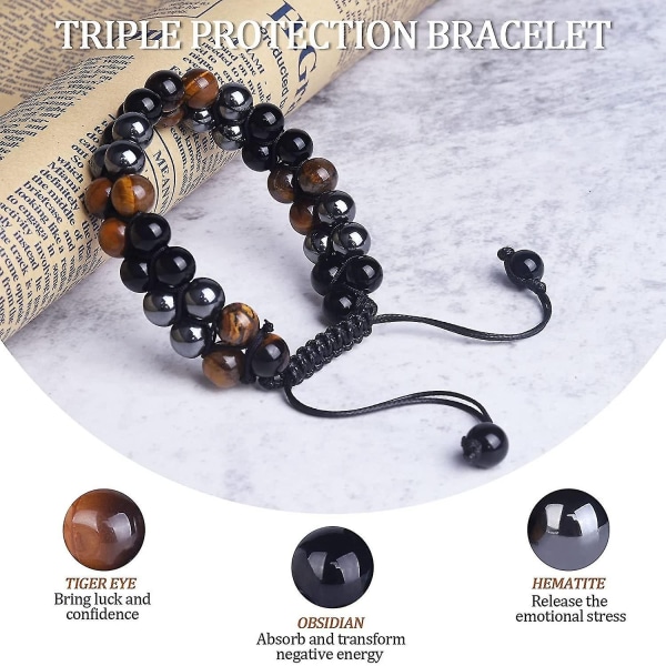 Triple Shield, Tiger's Eye Hematite og Black Obsidian Crystal Jewelry-WELLNGS