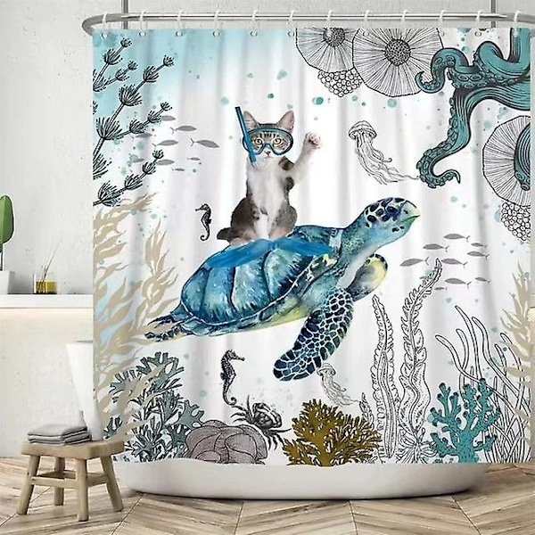 Hauska kissa suihkuverho, viileä kissa dinosaurus japanilainen valtameren aalto sisustus kangas kylpyhuone verhot, lapset maalaismainen puinen kylpyverho-WELLNGS 426sf 90x180cm-35x70in