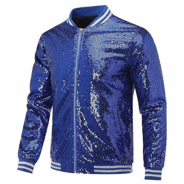 Allthemen Herre Sequin Casual Glidelås Fest Bomber Jakke-WELLNGS Blue XL