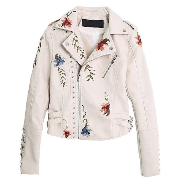 Blomstermønstret Lærjakke for Kvinner - Kunstlærjakke, Casual Kort Jakke for Vår og Høst - WELLNGS Beige M