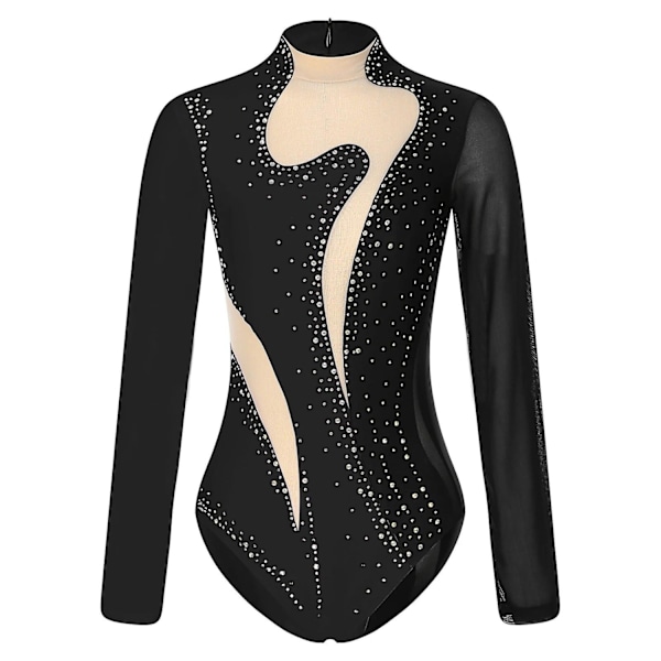 Womens Shiny Metallicballet Dance Leotard Adults Gymnastics Bodysuit Long Sleeve Patchwork Acrobatics Figure Skating Jumpsuit-WELLNGS Black B XL