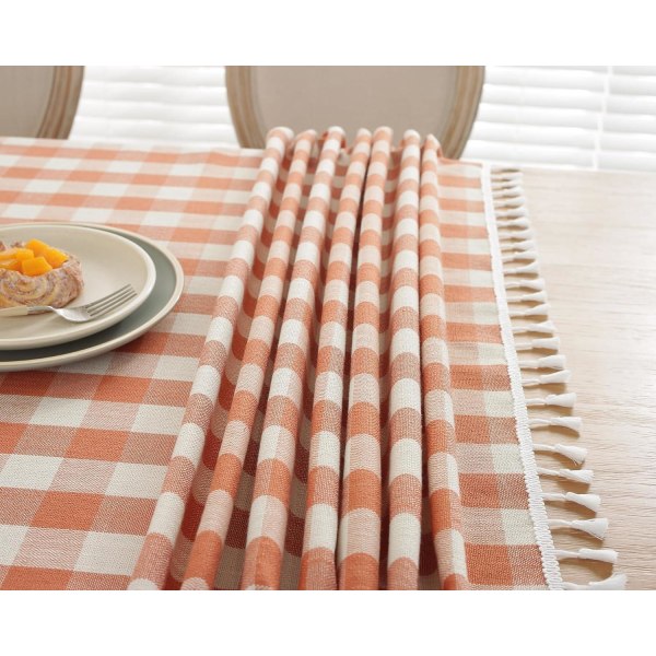 Fyrkantig duk Tvättbar rutig duk med tofsar Bomullslinne, för picknickkök Matsal, orange, rektangel, 55" x 86", 6-8 platser-WELLNGS