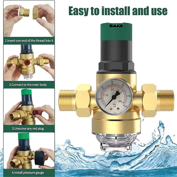 Trycksregulator för vatten med tryckmätare, tryckreduceringsventil Trycksregulator, vattentrycksregulator 1/2 tum - WELLNGS 0 0