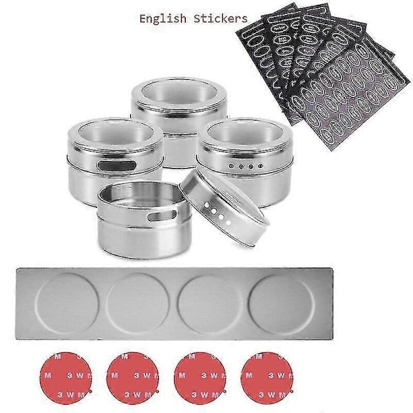 Magnetiska kryddburkar med väggmonterat ställ i rostfritt stål, kryddburkar med kryddmärkning, hög kvalitet - WELLNGS English 4 pcs
