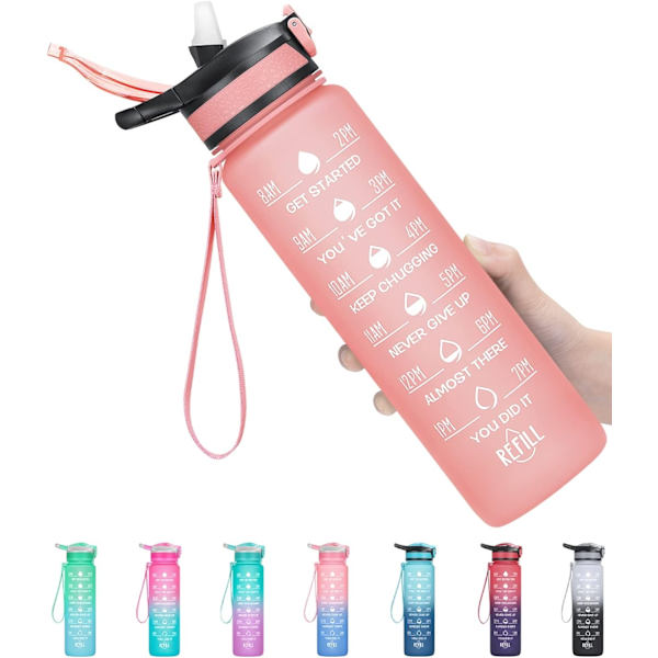 Vattenflaska med sugrör och handtag med spänne, rosa (1 liter) - WELLNGS