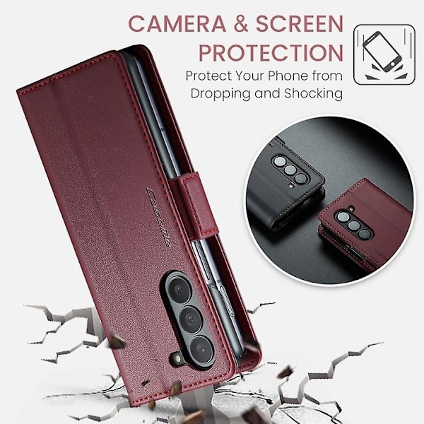 För Samsung Galaxy Z Fold5 CaseMe 023 Fjärilspänne Lychee Grain RFID Stöldskydd Läder Telefonfodral-WELLNGS Wine Red