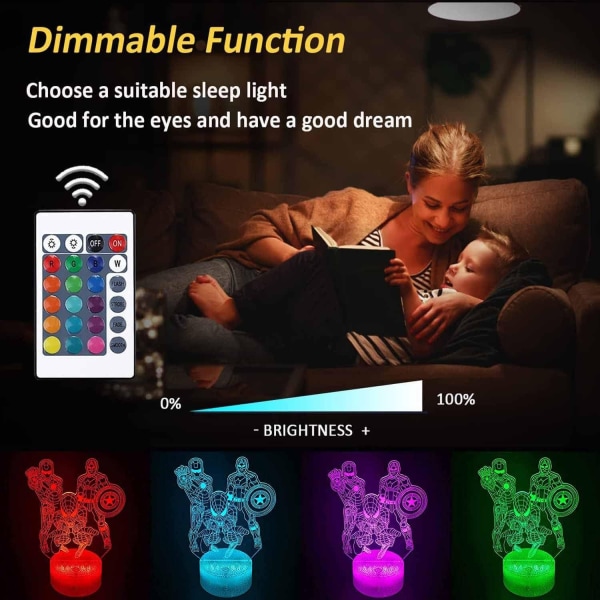3D-natlys, 3D-illusionslampe med 16 farveskiftende fjernbetjening, USB bærbart berørings-LED-natlys, julegave fødselsdagsgave til børn hjältar