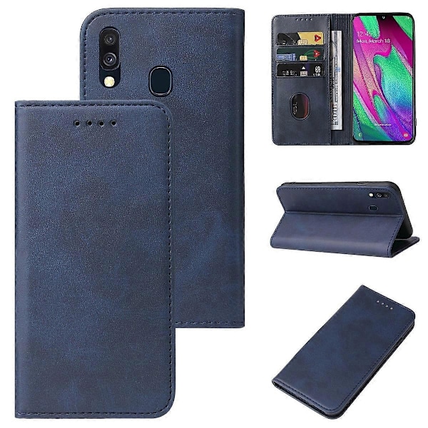 Yhteensopiva Samsung Galaxy A40 Magneettisuljettavan Nahkaisen Puhelinkotelon kanssa - WELLNGS Blue