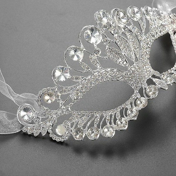 Luksuriøs og elegant diamant-rhinestone-maske, maske til maskefest, krone-legering-maske for kvinner (sølv) - WELLNGS