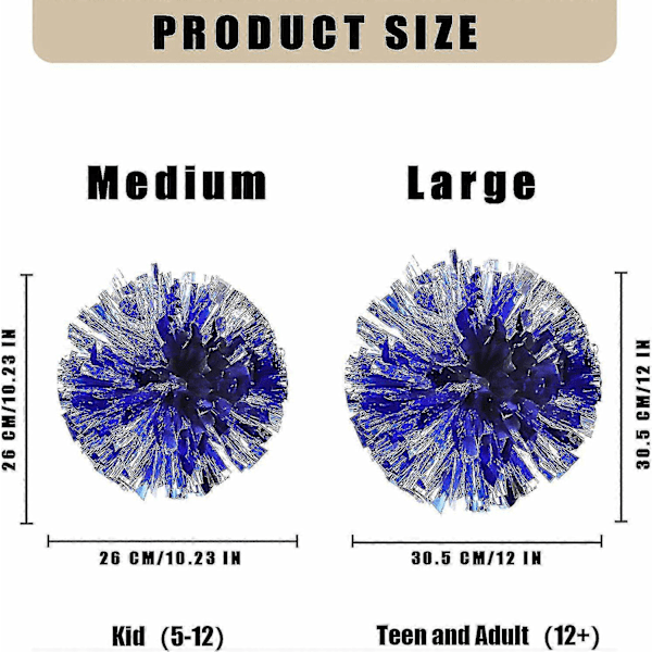 12 kpl Cheerleading Pom Pom -ponnareita sormiaukoilla, metallinhohtoiset Cheer Pom Pom -ponnarit - WELLNGS Large Blue