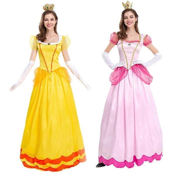 Naisten Super Mario Peach Cosplay-asu Pinkki Prinsessamekko + Hanskat + Pääpantasetti Karnevaali Party Set - WELLNGS Yellow L