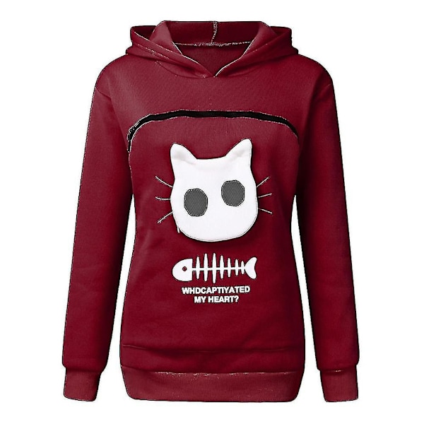 Sweatshirt med Kænguru-lomme til Katte-elskere - Hundedyr Pote Trøjer Kælelomme Sweatshirt Lomme Dyreører Hættetrøje - WELLNGS Red wine L