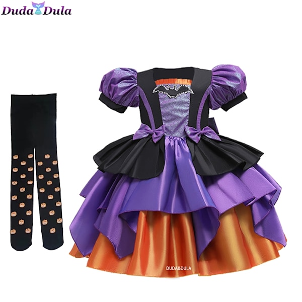 Flickor Fancy Pumpa Halloween Klänning Barn Cosplay Bat Print Häxkostym Semesterfest Klänning Barn Prinsessklänning 7-8 År Gammal (140)-WELLNGS 7-8Y(140) a-8