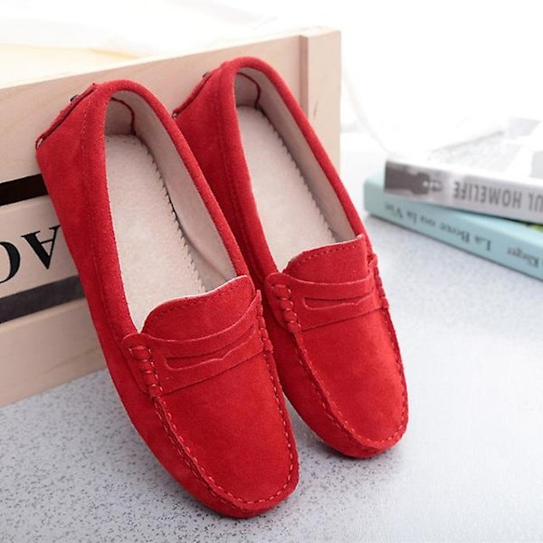 Dame Sko 2023 Ekte Lær Dame Flate Sko Casual Loafers Slip On Dame Flats Sko Moccasins Dame Kjøresko-WELLNGS Red 4