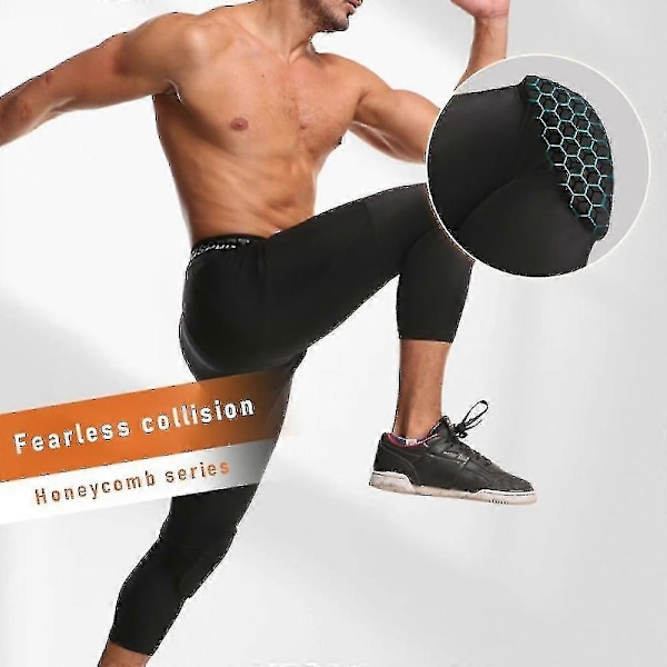 Basketballbukser med knæbeskyttere, ungdoms Crashproof Sports 3/4 Kompressionsbukser Leggings Mænd Volleyball Beskyttelsesudstyr - WELLNGS Black 3XL