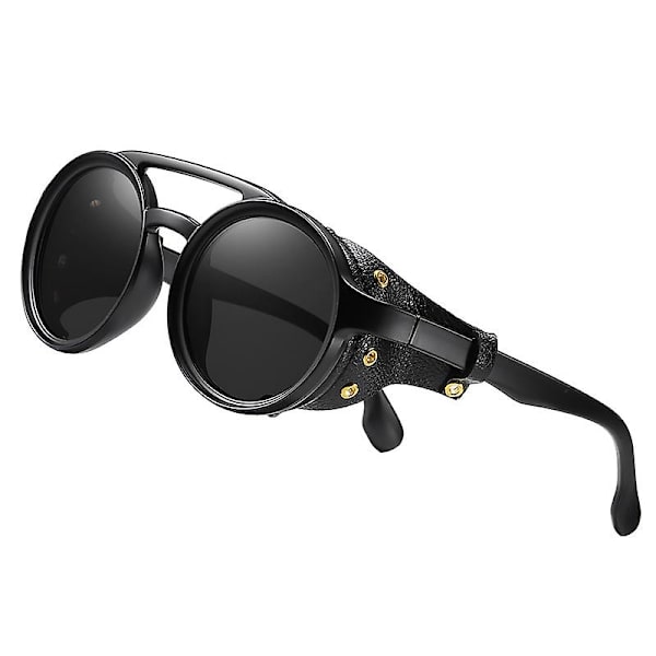 Retro Premium Cool Steampunk Runde Solbriller med PU Læder Skjolde & Dobbelte Broer, til Mænd Kvinder Udendørs Fest Ferie Rejse Kørsel - WELLNGS Black