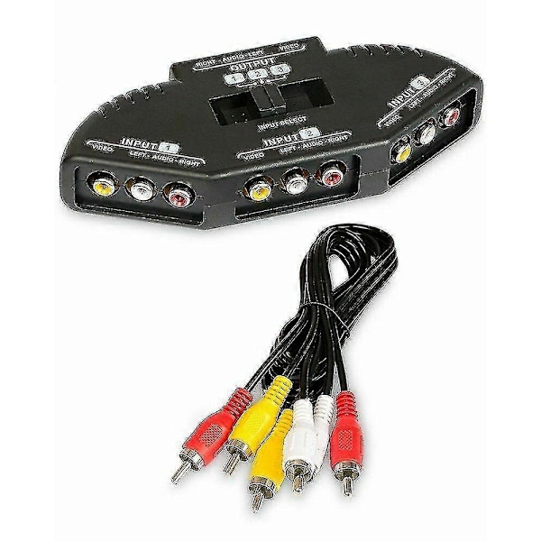 Sort 3-Port Av Kompositt Rca Velgerboks Bryter Splitter M/ Kabelledning Plugg-WELLNGS