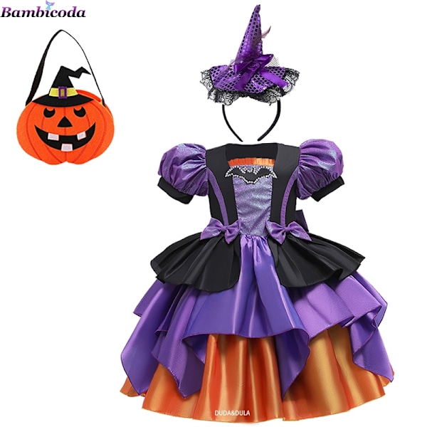 Flickor Fancy Pumpa Halloween Klänning Barn Cosplay Bat Print Häxkostym Semesterfest Klänning Barn Prinsessklänning 8-9 År Gammal (150)-WELLNGS 8-9Y(150) a-11