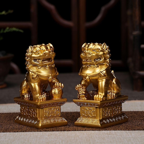 Foo Dogs Vakt Lejonstatyer - Par av Fengshui Fu Dogs Figurer - Inflyttningsgratulation för att Avvärja Ond Energi - WELLNGS Gold 11cm