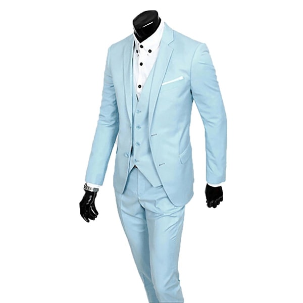 Allthemen Herresæt til Bryllup Fest Middag 3-delt Business Sæt Blazer Vest Bukser 9 Farver-WELLNGS Light Blue 3XL