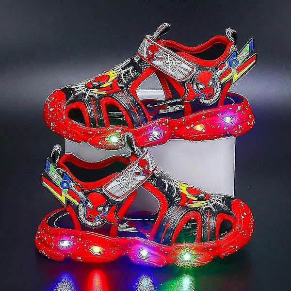 Guttesandaler med LED-lys, Spiderman, utendørs sko, strandsko, barnesko med lys, sklisikre sko, sommer - WELLNGS Red 31-Insole 19.2 cm