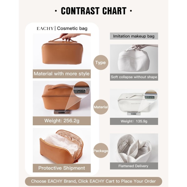 Rejse-makeuptaske med stor kapacitet kosmetiktasker til kvinder Vandtæt bærbar pose åben flad toilettaske Makeup (brun, medium)-WELLNGS