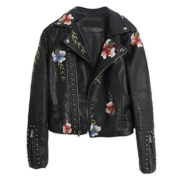 Blommig Natt Läderjacka Kvinnor Konstläderjacka Casual Kort Kavaj Vår och Höst Säsong-WELLNGS Black XL