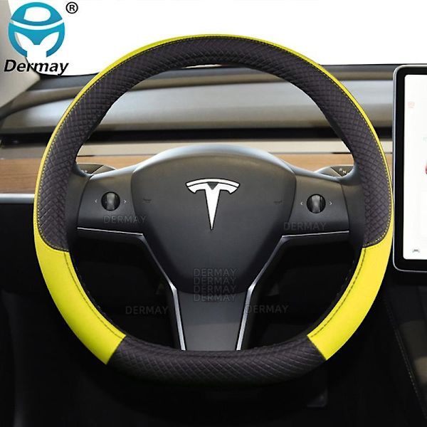 För Tesla Model 3 2016 2017 2018 2019 2020 2021 2022 2023 9 färger Bilstryrskydd Pu Läder Halkfria Biltillbehör-WELLNGS Yellow
